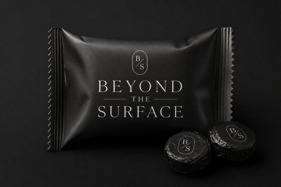 A small Beyond the Surface branded candy in a black wrapper