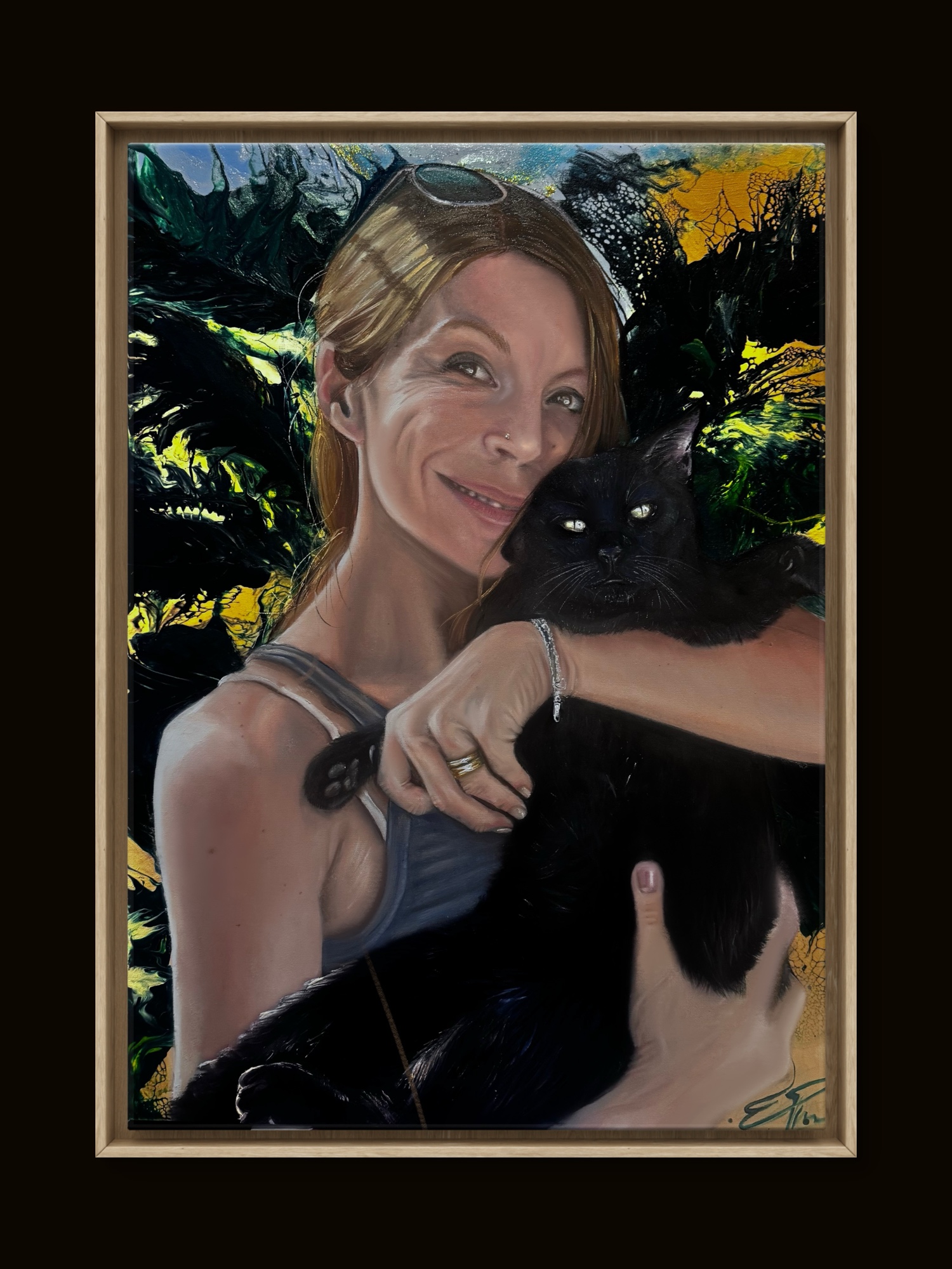 Portrait commission — woman with black cat in ornate gold frame