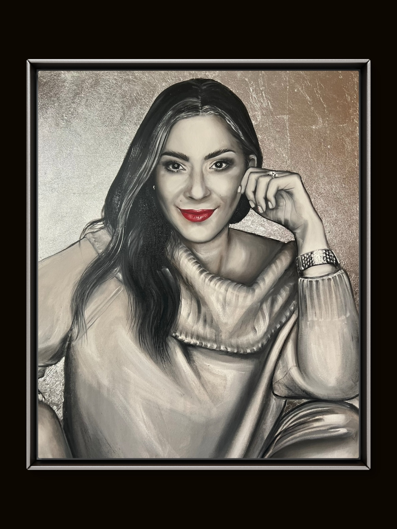 Portrait commission — woman with red lips on silver and gold background